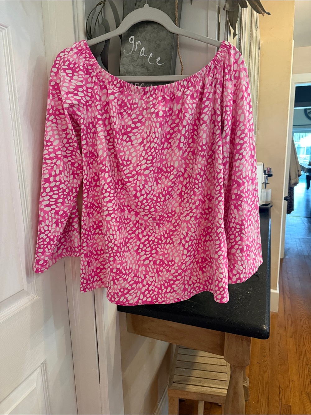 MAHI GOLD Pink Off-the-Shoulder Blouse with White Spot Print